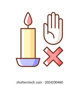 Never touch burning candle RGB color manual label icon. Safety measures. Place container on stable surface. Isolated vector illustration. Simple filled line drawing for product use instructions