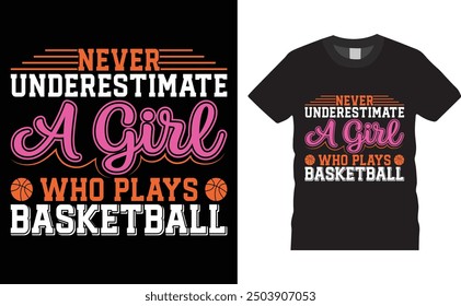 Never underestimate a girl who play basketball, Basketball typography vector t-shirt design. Basketball t-shirt design with motivational quote. T shirt design template, vector and any print, clothes