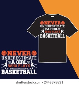 Never Underestimate A Girl Who Plays Basketball t-shirt design. vector illustration