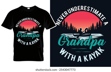 Never Underestimate a Grandpa with a Kayak - Retro Sunset Kayaking T-Shirt Design
