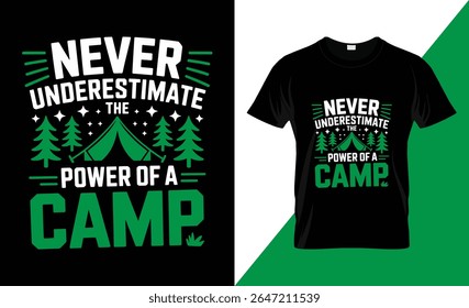 "NEVER UNDERESTIMATE THE POWER OF A CAMP" with camping-themed illustrations like tents, trees, and stars. Presented on a black background and also on a black t-shirt mockup.