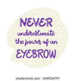 Never Underestimate The Power Of An Eyebrow. Hand Drawn Lettering Composition For A Brow Bar, Poster, Banner, Make-up Parlour, Beauty Salon, Handout, Flyer. Elegant Template In Purple And Beige.