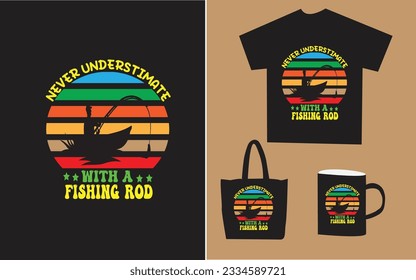 
NEVER UNDERSTIMATE WITH A FISHING ROD fishing  t-shirt design and vector. eps file. trending vector quote on black background for t-shirt, Bag, Mug, stickers etc.   