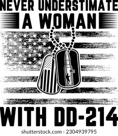 NEVER UNDERSTIMATE A WOMAN WITH DD-214 GIFT VETERAN T-SHIRT DESIGN