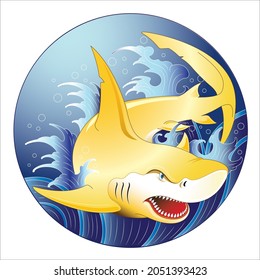 Never-before-seen golden shark on a blue background under the sea.