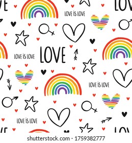 Never-ending Cute Seamless Pattern With Lgbt Rainbow, Hearts, Text, Arrows And Stars. Gay Pride. Pride Month. Love, Freedom, Support, Peace Symbol 