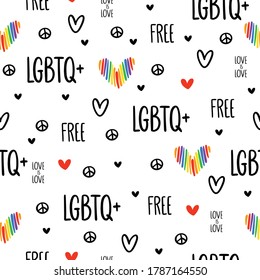 Nie endendes süßes, nahtloses Muster mit lgbtq+ Regenbogen, Herzen, Text und Friedenssymbol. Schwuler Stolz. Liebe, Freiheit, Unterstützung.