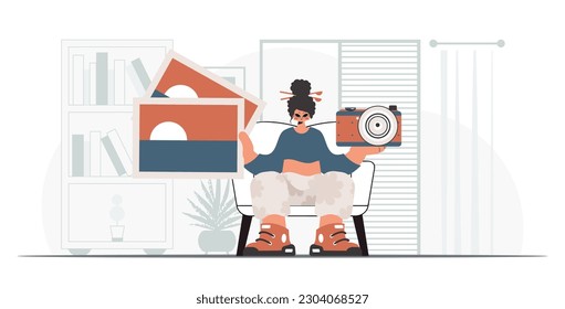 The never-ending lady holds a camera and photographs in his hands. The concept of rest and travel. Trendy style, Vector Illustration