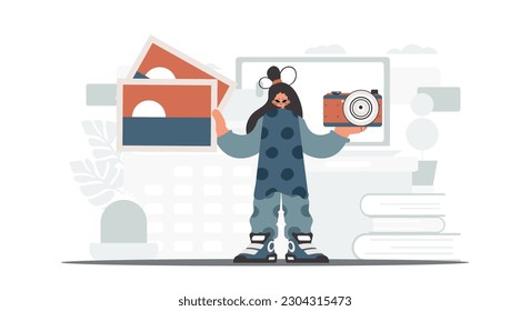 The never-ending lady holds a camera and photographs in his hands. The concept of rest and travel. Trendy style, Vector Illustration
