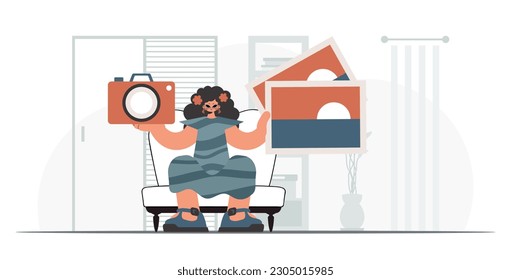 The never-ending lady holds a camera and photographs in his hands. The concept of rest and travel. Trendy style, Vector Illustration