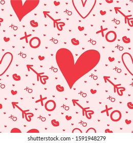 Never-ending seamless light love pattern with hearts, arrows and kisses. Valentines Day background