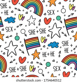 Never-ending seamless pattern with lgbt flags, rainbow, hearts and stars. Gay pride. Pride Month. Love, freedom, support, peace symbol 