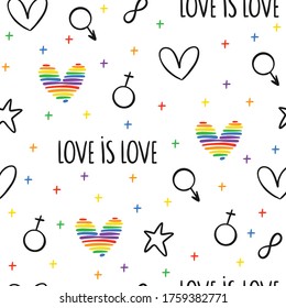 Never-ending seamless pattern with lgbt hearts, gender symbols and stars. Gay pride. Pride Month. Love, freedom, support, peace symbol 