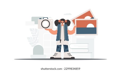 The never-ending woman holds a camera and photos in his hands. The concept of rest and travel. Trendy style, Vector Illustration