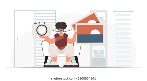 The never-ending woman holds a camera and photos in his hands. The concept of rest and travel. Trendy style, Vector Illustration