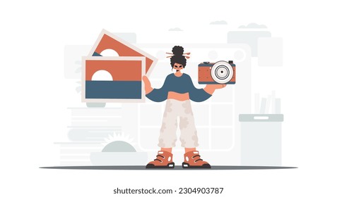 The never-ending woman holds a camera and photos in his hands. The concept of rest and travel. Trendy style, Vector Illustration