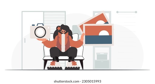 The never-ending woman holds a camera and photos in his hands. The concept of rest and travel. Trendy style, Vector Illustration