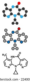 Nevirapine HIV drug molecule. Belongs to NNRTI class. Stylized 2D rendering and conventional skeletal formula.