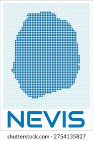 Nevis digital style map with blue rounded rectangle dots. St. Kitts and Nevis. Dotted shape of the island. Blue colored map and title on white background. Amazing Vector Illustration.