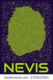 Nevis dots map. St. Kitts and Nevis. Digital style shape of the island. Map and title lime colored square dots with round corners. Amazing Vector Illustration.