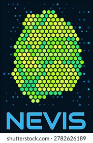 Nevis hexagon dots map. Digital style shape of the island. Nevis map and title. Large green colored hexagons, sparse blue dots at background. Vector Illustration.