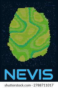 Nevis hexagon dots map. Digital style shape of the island. Nevis map and title. Tiny green colored hexagons, sparse blue dots at background. Vector Illustration.