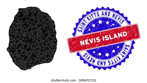 Nevis Island map polygonal mesh with filled triangles, and grunge bicolor stamp seal. Triangle mosaic Nevis Island map with mesh vector model, triangles have different sizes, and positions,