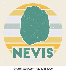 Nevis logo. Sign with the map of the island and colored stripes, vector illustration. Can be used as insignia, logotype, label, sticker or badge of Nevis.