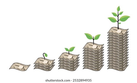 nova onda de notas de 10000 ienes japoneses crescendo a juros compostos e folhas crescentes, largura de linha variável