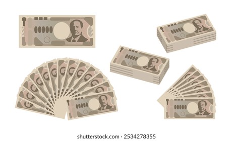 new 10000 Japanese Yen banknote set, fan-shaped, bundle of bills, wad