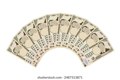 New 10,000 yen bill for 100,000 yen spread out in a fan shape - Translation: Bank of Japan Yen, 10,000 Yen