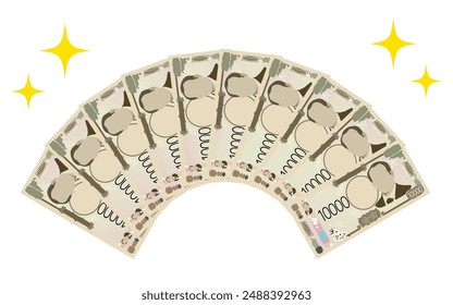 A new 10,000 yen bill for 100,000 yen spread out in a fan shape and a glittering star decoration, Vector Illustration