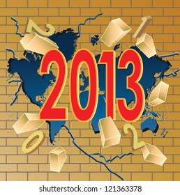 New 2013 year breaking trough world map and old year digits