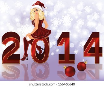 New 2014 year background with sexy santa girl , vector illustration