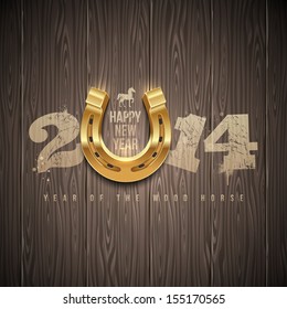 New 2014 year - holidays vector design with painted numbers and golden horseshoe on a wooden background