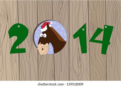 New 2014 year - holidays vector design with numbers and horse on a wooden background. Vector Illustration.