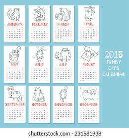 New 2015 year calendar with cute funny cartoons cats. Colorful template for you design, web and mobile applications.