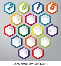 New 2016 calendar with colorful hexagon elements