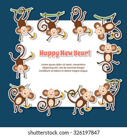 New 2016 year background with cute funny cartoons monkeys. Colorful theme for your design, prints and illustrations 