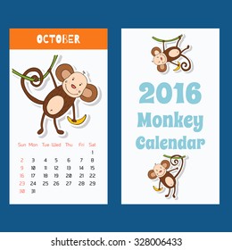 New 2016 year calendar with cute funny cartoons monkeys. Week starts on Sunday. Colorful theme for your design, prints and illustrations 