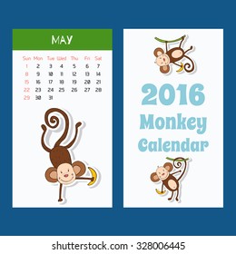 New 2016 year calendar with cute funny cartoons monkeys. Week starts on Sunday. Colorful theme for your design, prints and illustrations 