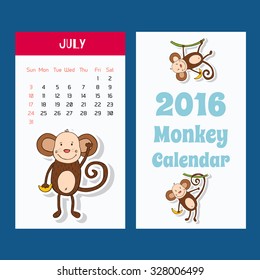 New 2016 year calendar with cute funny cartoons monkeys. Week starts on Sunday. Colorful theme for your design, prints and illustrations 