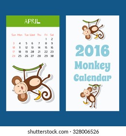 New 2016 year calendar with cute funny cartoons monkeys. Week starts on Sunday. Colorful theme for your design, prints and illustrations 