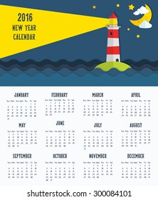 New 2016 year calendar (week starts on Sunday). Colorful template for you design, web and mobile applications. Modern weather background with lighthouse, moon and clouds