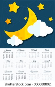 New 2016 year calendar (week starts on Sunday). Colorful template for you design, web and mobile applications. Modern weather background with moon and clouds