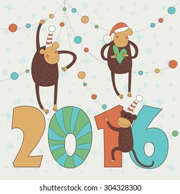 New 2016 year card with cute funny monkeys in winter caps in cartoon style