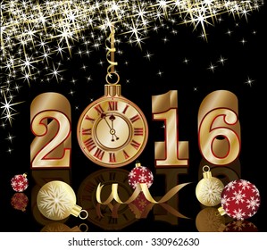 New 2016 year card with golden clock, vector illustration