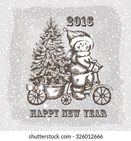 New 2016 Year and Christmas background. Hand drawn Snowman, bicycle and xmas tree.