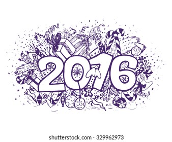 New 2016 year doodle card. Purple elements on white background. Isolated illustration
