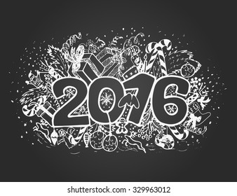 New 2016 year doodle card. White elements on chalkboard. 